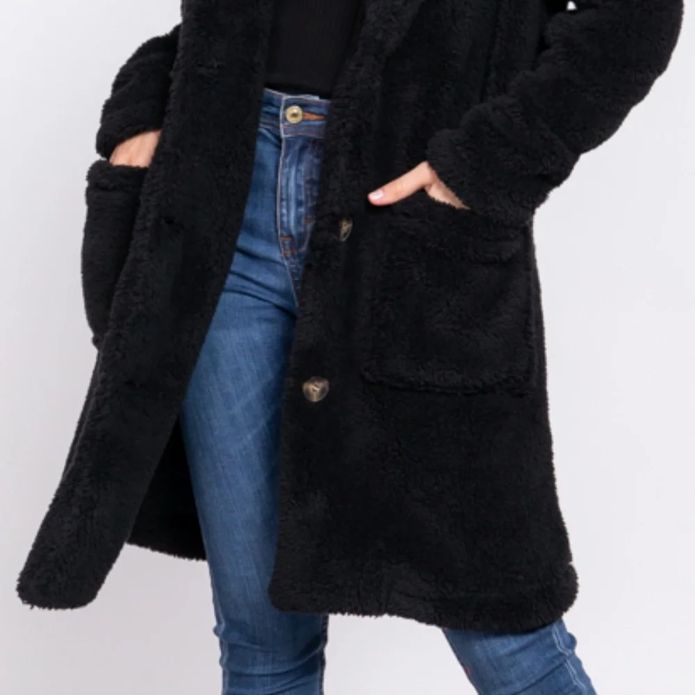 NEW Soft Faux Fur Notched Collar Patch Pocket Sherpa Coat- Button Front- S-M-L - Picture 6 of 9